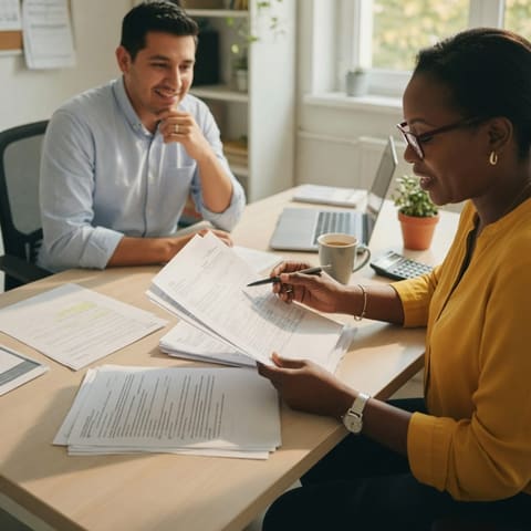 An accountant reviewing paperwork with a client across a tidy desk in a bright office
