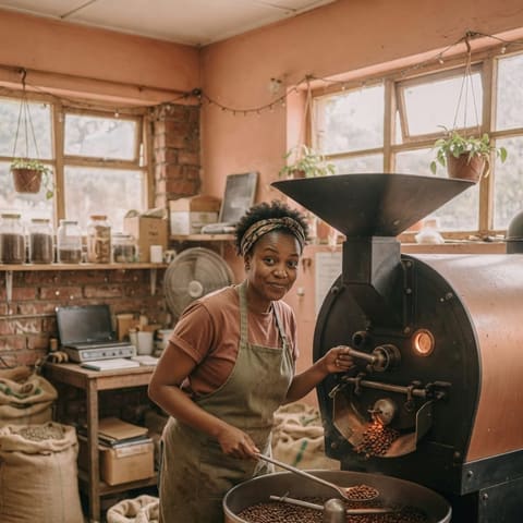 A coffee roaster tending the drum roaster in a warm artisan roastery