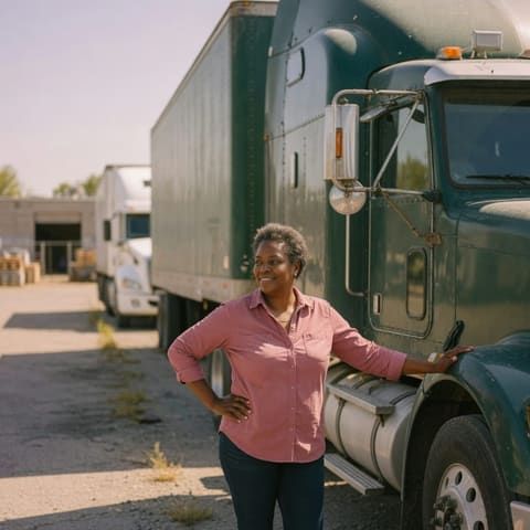 A small fleet owner standing proudly beside their semi truck in a sunlit lot