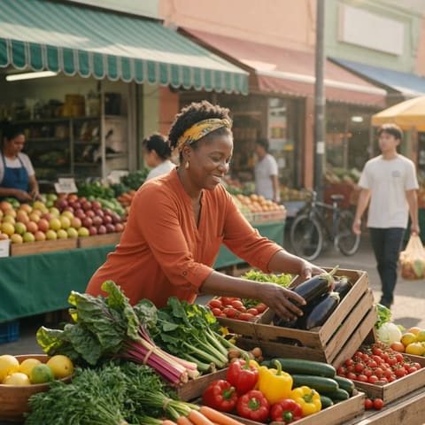 A grocery store owner arranging fresh produce on a display in a bright neighborhood market