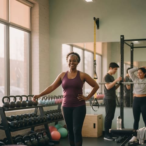 A fitness studio owner standing confidently among the equipment in a bright