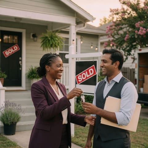 A real estate agent handing keys to a happy client in front of a sold property